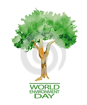 World Environment Day concept. Watercolor tree with leaves
