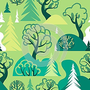 World Environment Day. Earth Day. Day of the forest. Ecological background. A seamless pattern with deciduous and coniferous trees