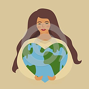 World Environment Day and Earth Day, girl holding a heart shaped planet. Protecting nature ecology concept. Vector