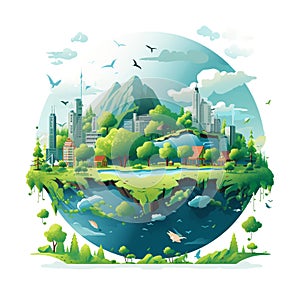 World Environment Day Earth-Shaped Planet with Cities and Trees Illustration photo