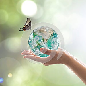 World environment day and environmental friendly concept with green earth on volunteer`s hands. Element of image furnished by NASA photo