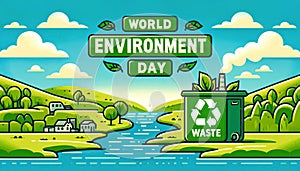 World Environment Day featuring person holding green trash bag next to recycling bin, background