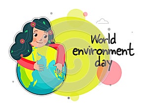 World Environment Day Font With Cute Girl Hugging Earth Globe On Chartreuse Green And White