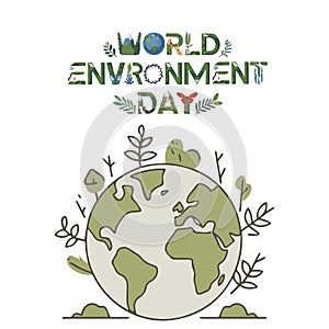 World Environment Day globe map with green recycling Mountains, Globe, River, Butterfly natural elements for environmental