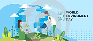 World environment day - people are planting trees and watering on circle globle world background vector design