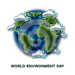 World Environment Day poster template with planet Earth, clouds and text isolated on white background.