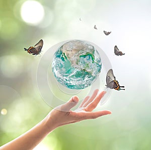 World environment day, sustainable ecology and environmental friendly concept with green earth planet on volunteer`s woman hands.