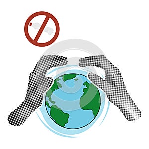 World Environment Day Template. Modern collage with halftone hands protecting planet earth. No more plastic. Earth Day.