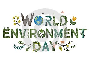 World Environment Day typography Unique letter shapes Incorporates nature elements like leaves, trees, animals, flower, beehive,