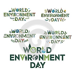 World Environment Day typography Unique letter shapes Incorporates nature elements like leaves, trees, animals, flower, beehive,