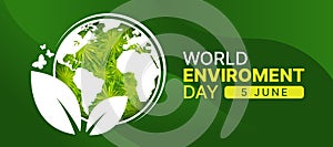 World Environment Day - White circle world globe, leaf and butterfly sign with abstract green leaves texture on green curve