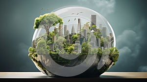 World environment and earth day concept with globe, nature and eco friendly environment. City and green plants. Concept of