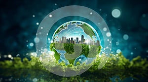 World environment and earth day concept with globe, nature and eco friendly environment. City and green plants. Concept of