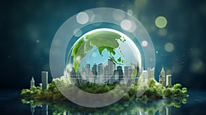 World environment and earth day concept with globe, nature and eco friendly environment. City and green plants. Concept of