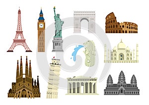 World famous buildings vector illustration set  world heritage  / Statue of liberty, Eiffel tower, Sagrada Familia etc.