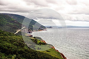 The world famous Cabot Trail on the Altantic Ocean on a cloudy day