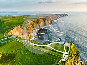 World famous Cliffs of Moher, one of the most popular tourist destinations in Ireland. Aerial view of known tourist attraction on