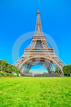 World famous Eiffel tower under a blue sky