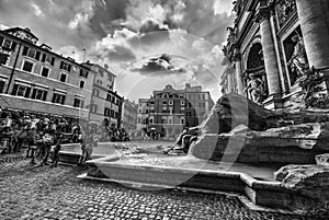 World famous Fontana di Trevi in Rome in black and white
