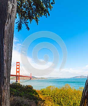 World famous Golden Gate bridge in San Francisco seen from the bay