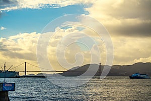 World famous Golden Gate bridge in San Francisco under a cloudy sky