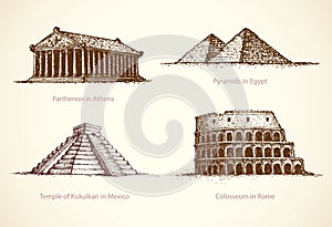 World famous historical monuments. Vector sketch