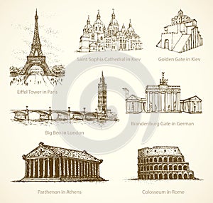 World famous historical monuments. Vector sketch