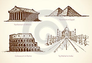 World famous historical monuments. Vector sketch