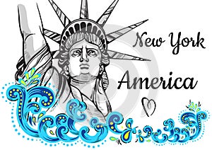 World famous landmark collection. America, New York. Statue of Liberty. Beautiful vector artwork colorful decorated.