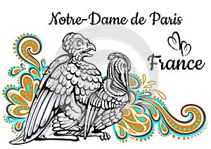 World famous landmark collection. France, Paris. Notre-Dame de Paris. ?himera. Beautiful vector artwork colorful decorated.