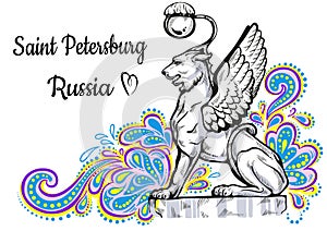 World famous landmark collection. Russia, St. Petersburg. Bank Bridge. Bronze Cats with Golden Wings - Griffins. Vector artwork.