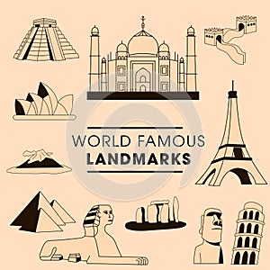 World Famous Landmark Icon Set In Peach And Brown
