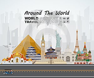 World famous Landmark paper art. Global Travel And Journey Infographic road. Vector Flat Design