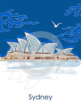 World Famous landmark. Simple sketch of Opera House landmark. Iconic theater, Sydney, Australia. Vector illustration for