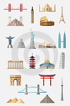 World famous landmarks icon set
