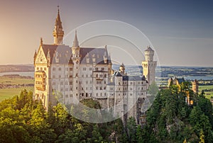 World-famous Neuschwanstein Castle in beautiful evening light, Bavaria, Germany