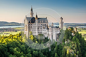 World-famous Neuschwanstein Castle in beautiful evening light, Fussen, Bavaria, Germany