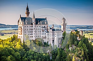 World-famous Neuschwanstein Castle in beautiful evening light, Fussen, Germany