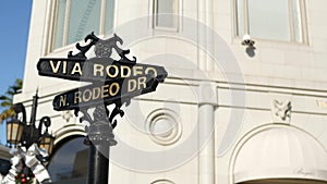 World famous Rodeo Drive symbol, Cross Street Sign, Intersection in Beverly Hills. Touristic Los Angeles, California, USA. Rich