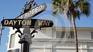 World famous Rodeo Drive symbol, Cross Street Sign, Intersection in Beverly Hills. Touristic Los Angeles, California, USA. Rich