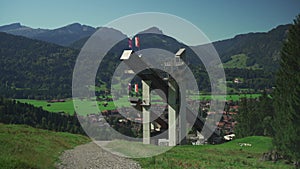 World famous Ski Jump Arena in Oberstdorf Germany. Skiflugschanze Bayern. View of ski jumping hill Audi Arena, part of