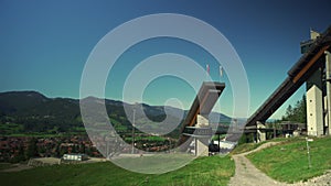 World famous Ski Jump Arena in Oberstdorf Germany. Skiflugschanze Bayern. View of ski jumping hill Audi Arena, part of