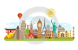 World famous travel landmark, international symbols vector tourism concept background