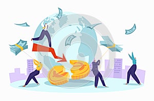 World financial crisis entrepreneur businessman ruin banking sector, international economy flat vector illustration