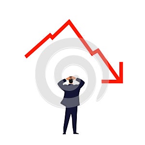 World financial crisis. A simple graph with down arrow. Man held on to his head. Investments, exchange rates, stock market,