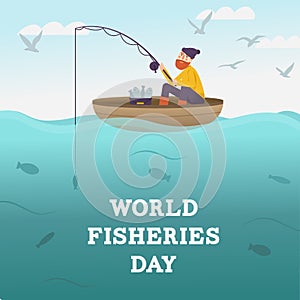 World Fisheries Day. Fisherman with fishing rod on boat at the sea. Fisher catching fish. Fishes underwater and seagull