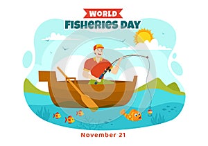 World Fisheries Day Vector Illustration of Fisherman with Fishing Rod on Boat at the Sea to Protecting Aquatic Ecosystems