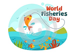 World Fisheries Day Vector Illustration of Fisherman with Fishing Rod on Boat at the Sea to Protecting Aquatic Ecosystems