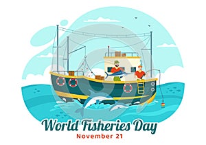 World Fisheries Day Vector Illustration of Fisherman with Fishing Rod on Boat at the Sea to Protecting Aquatic Ecosystems