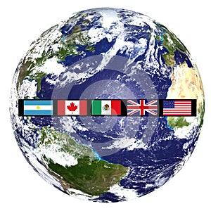 World flags on image of earth